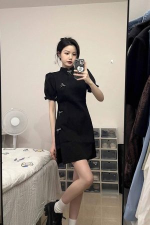Chinese-Style Qipao Dress for Women, Retro National Design, Slim-Fit Black Mini Dress for Summer, Vintage Fashion