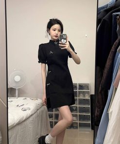 Chinese-Style Qipao Dress for Women, Retro National Design, Slim-Fit Black Mini Dress for Summer, Vintage Fashion