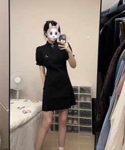 Chinese-Style Qipao Dress for Women, Retro National Design, Slim-Fit Black Mini Dress for Summer, Vintage Fashion