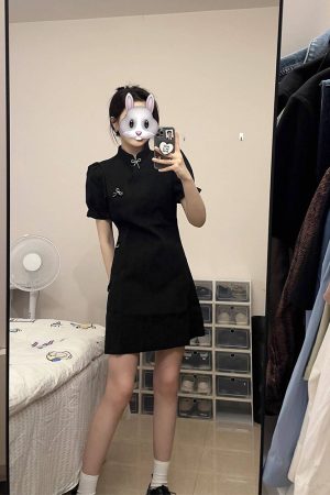 Chinese-Style Qipao Dress for Women, Retro National Design, Slim-Fit Black Mini Dress for Summer, Vintage Fashion