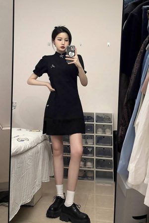 Chinese-Style Qipao Dress for Women, Retro National Design, Slim-Fit Black Mini Dress for Summer, Vintage Fashion
