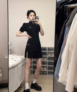 Chinese-Style Qipao Dress for Women, Retro National Design, Slim-Fit Black Mini Dress for Summer, Vintage Fashion