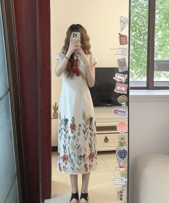 Chinese-Style Qipao Dress for Women, Vintage French Design, Elegant Long Summer Skirt, Niche Gentle Aesthetic