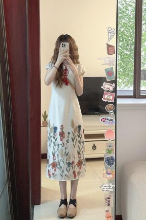Chinese-Style Qipao Dress for Women, Vintage French Design, Elegant Long Summer Skirt, Niche Gentle Aesthetic