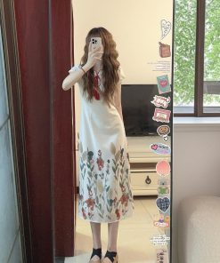 Chinese-Style Qipao Dress for Women, Vintage French Design, Elegant Long Summer Skirt, Niche Gentle Aesthetic