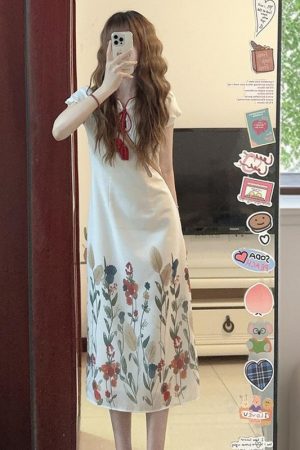 Chinese-Style Qipao Dress for Women, Vintage French Design, Elegant Long Summer Skirt, Niche Gentle Aesthetic