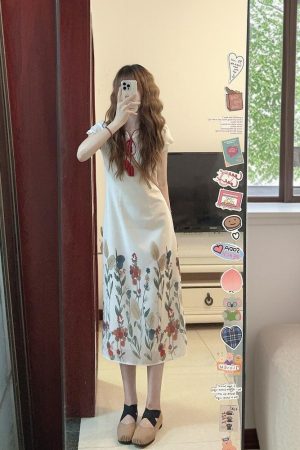Chinese-Style Qipao Dress for Women, Vintage French Design, Elegant Long Summer Skirt, Niche Gentle Aesthetic