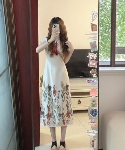 Chinese-Style Qipao Dress for Women, Vintage French Design, Elegant Long Summer Skirt, Niche Gentle Aesthetic