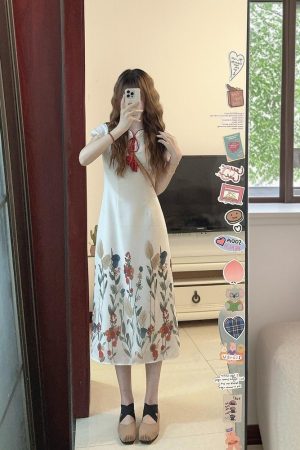 Chinese-Style Qipao Dress for Women, Vintage French Design, Elegant Long Summer Skirt, Niche Gentle Aesthetic