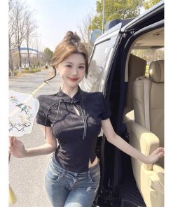 Chinese-Style Qipao Jacquard Short Sleeve T-Shirt for Women - Summer Irregular Top, Unique Design, Fashionable Asian-Inspired Shirt