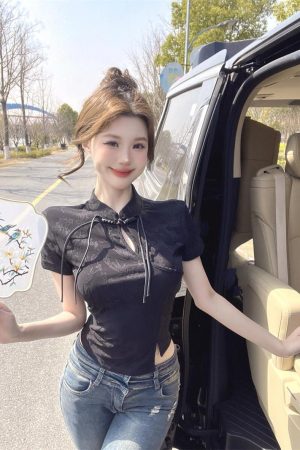 Chinese-Style Qipao Jacquard Short Sleeve T-Shirt for Women - Summer Irregular Top, Unique Design, Fashionable Asian-Inspired Shirt