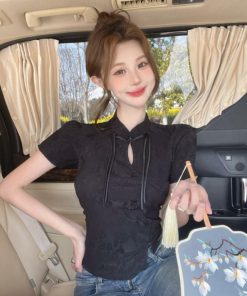 Chinese-Style Qipao Jacquard Short Sleeve T-Shirt for Women - Summer Irregular Top, Unique Design, Fashionable Asian-Inspired Shirt