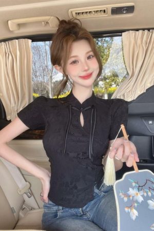 Chinese-Style Qipao Jacquard Short Sleeve T-Shirt for Women - Summer Irregular Top, Unique Design, Fashionable Asian-Inspired Shirt