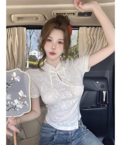 Chinese-Style Qipao Jacquard Short Sleeve T-Shirt for Women - Summer Irregular Top, Unique Design, Fashionable Asian-Inspired Shirt