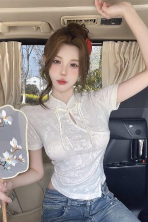 Chinese-Style Qipao Jacquard Short Sleeve T-Shirt for Women - Summer Irregular Top, Unique Design, Fashionable Asian-Inspired Shirt