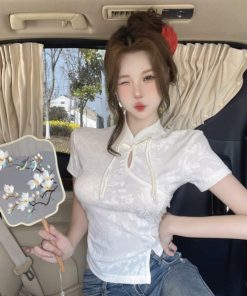 Chinese-Style Qipao Jacquard Short Sleeve T-Shirt for Women - Summer Irregular Top, Unique Design, Fashionable Asian-Inspired Shirt