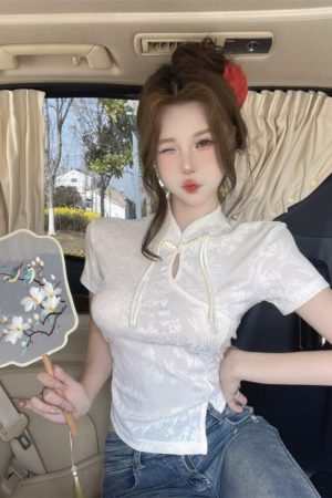 Chinese-Style Qipao Jacquard Short Sleeve T-Shirt for Women - Summer Irregular Top, Unique Design, Fashionable Asian-Inspired Shirt