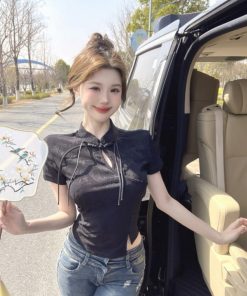 Chinese-Style Qipao Jacquard Short Sleeve T-Shirt for Women - Summer Irregular Top, Unique Design, Fashionable Asian-Inspired Shirt