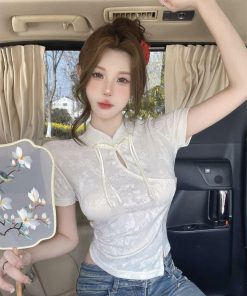 Chinese-Style Qipao Jacquard Short Sleeve T-Shirt for Women - Summer Irregular Top, Unique Design, Fashionable Asian-Inspired Shirt