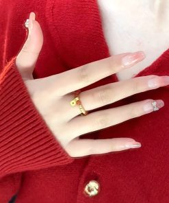 Chinese-Style Red Agate Bead Ring with Gold Foil and Copper Coin, Light Luxury National Style, High-End Fortune Jewelry