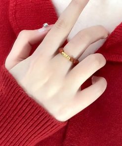 Chinese-Style Red Agate Bead Ring with Gold Foil and Copper Coin, Light Luxury National Style, High-End Fortune Jewelry