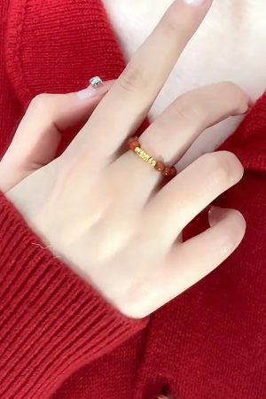 Chinese-Style Red Agate Bead Ring with Gold Foil and Copper Coin, Light Luxury National Style, High-End Fortune Jewelry