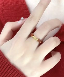 Chinese-Style Red Agate Bead Ring with Gold Foil and Copper Coin, Light Luxury National Style, High-End Fortune Jewelry
