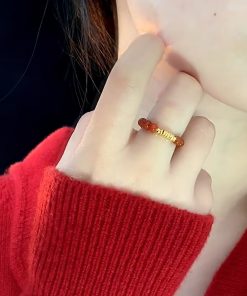 Chinese-Style Red Agate Bead Ring with Gold Foil and Copper Coin, Light Luxury National Style, High-End Fortune Jewelry