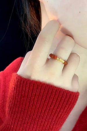 Chinese-Style Red Agate Bead Ring with Gold Foil and Copper Coin, Light Luxury National Style, High-End Fortune Jewelry