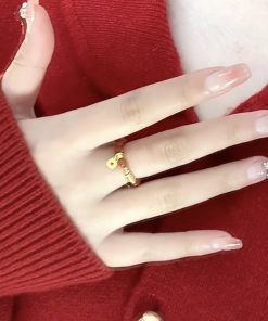 Chinese-Style Red Agate Bead Ring with Gold Foil and Copper Coin, Light Luxury National Style, High-End Fortune Jewelry