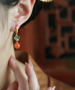 Chinese Style Red Agate Earrings for Women - Pure Silver Auspicious Cloud Design, Enamel Color Birth Year Pendants