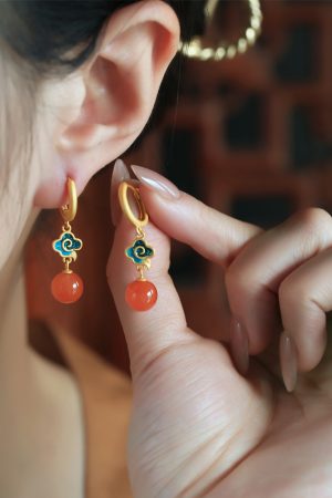 Chinese Style Red Agate Earrings for Women - Pure Silver Auspicious Cloud Design, Enamel Color Birth Year Pendants