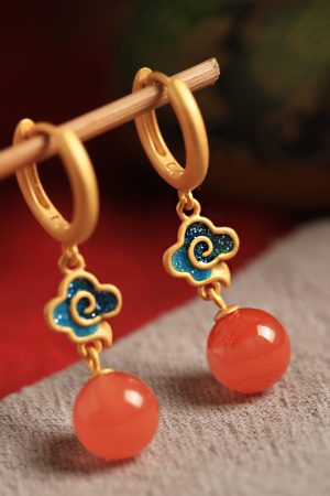 Chinese Style Red Agate Earrings for Women - Pure Silver Auspicious Cloud Design, Enamel Color Birth Year Pendants