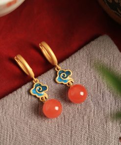Chinese Style Red Agate Earrings for Women - Pure Silver Auspicious Cloud Design, Enamel Color Birth Year Pendants
