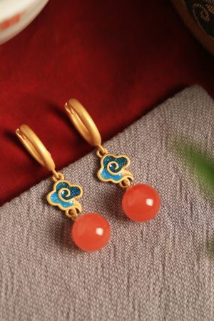 Chinese Style Red Agate Earrings for Women - Pure Silver Auspicious Cloud Design, Enamel Color Birth Year Pendants