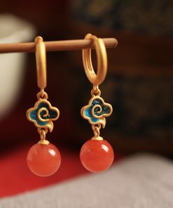 Chinese Style Red Agate Earrings for Women - Pure Silver Auspicious Cloud Design, Enamel Color Birth Year Pendants