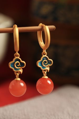 Chinese Style Red Agate Earrings for Women - Pure Silver Auspicious Cloud Design, Enamel Color Birth Year Pendants