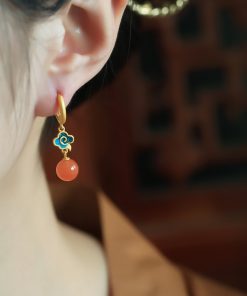 Chinese Style Red Agate Earrings for Women - Pure Silver Auspicious Cloud Design, Enamel Color Birth Year Pendants