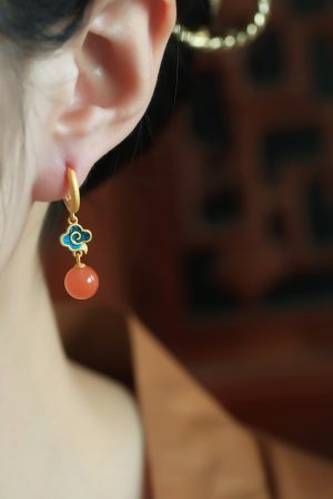 Chinese Style Red Agate Earrings for Women - Pure Silver Auspicious Cloud Design, Enamel Color Birth Year Pendants