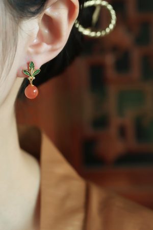 Chinese Style Red Agate Flower Branch Earrings for Women - Silver Enamel Drop Studs, Natural Southern Design, Elegant Ear Accessories