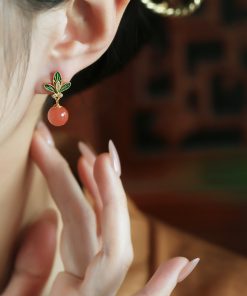 Chinese Style Red Agate Flower Branch Earrings for Women - Silver Enamel Drop Studs, Natural Southern Design, Elegant Ear Accessories