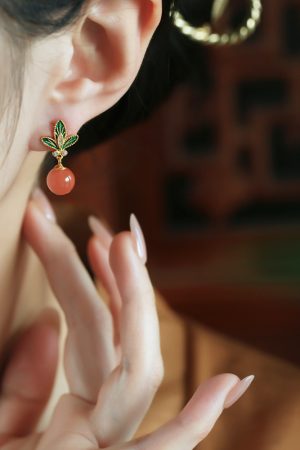 Chinese Style Red Agate Flower Branch Earrings for Women - Silver Enamel Drop Studs, Natural Southern Design, Elegant Ear Accessories