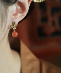 Chinese Style Red Agate Flower Branch Earrings for Women - Silver Enamel Drop Studs, Natural Southern Design, Elegant Ear Accessories