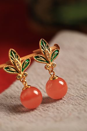 Chinese Style Red Agate Flower Branch Earrings for Women - Silver Enamel Drop Studs, Natural Southern Design, Elegant Ear Accessories