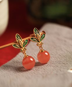 Chinese Style Red Agate Flower Branch Earrings for Women - Silver Enamel Drop Studs, Natural Southern Design, Elegant Ear Accessories