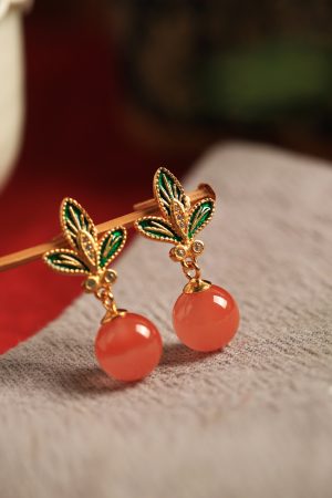 Chinese Style Red Agate Flower Branch Earrings for Women - Silver Enamel Drop Studs, Natural Southern Design, Elegant Ear Accessories