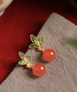 Chinese Style Red Agate Flower Branch Earrings for Women - Silver Enamel Drop Studs, Natural Southern Design, Elegant Ear Accessories