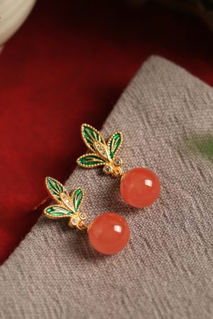 Chinese Style Red Agate Flower Branch Earrings for Women - Silver Enamel Drop Studs, Natural Southern Design, Elegant Ear Accessories