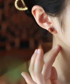 Chinese Style Red Agate Stud Earrings for Women - Pure Silver Fortune Character, Retro National Wind Design, Birth Year Jewelry