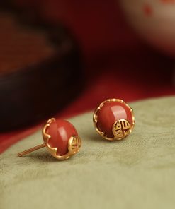 Chinese Style Red Agate Stud Earrings for Women - Pure Silver Fortune Character, Retro National Wind Design, Birth Year Jewelry